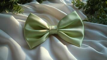 Elegant green satin bow on soft fabric surface surrounded by greenery in natural light photo