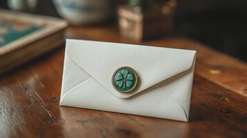 A white envelope with a green shamrock on it photo