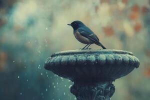 A bird is perched on top of a fountain photo