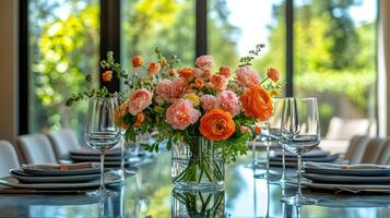 A table with orange and pink flowers in a glass vase photo