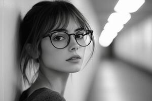 A woman wearing glasses in a hallway photo