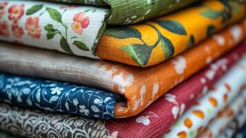 A stack of colorful fabric with a floral design photo