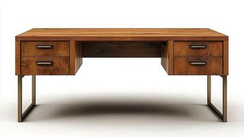 Modern wooden desk with metal legs and drawer storage for home or office workspace setup photo
