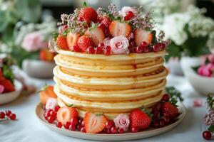 A stack of pancakes with strawberries and flowers photo
