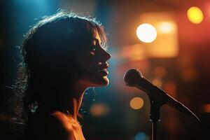 A woman singing into a microphone in front of a spotlight photo