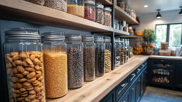 A kitchen with many jars of food on shelves photo