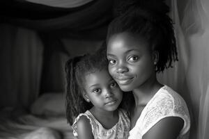 Mother and daughter share a tender moment indoors in black and white photography photo