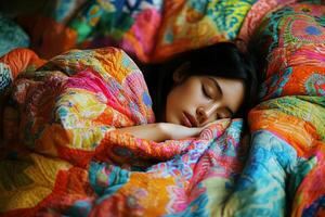 A woman sleeping in a bed photo