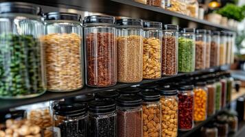 A shelf filled with jars of different types of nuts photo