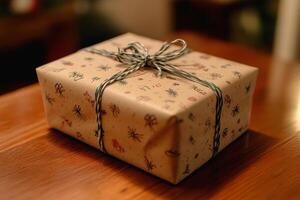Gift wrapped in decorative paper placed on a wooden table in a cozy indoor setting photo