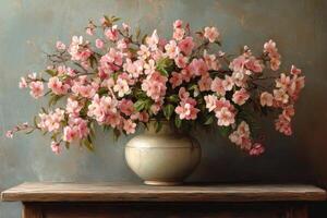 A painting of pink flowers in a vase on a table photo