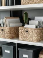 Organized workspace with wicker baskets and a cactus on a shelf photo
