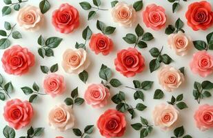 Colorful arrangement of roses with green leaves on a light background for decoration or floral design photo