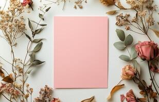 Fresh pastel stationery surrounded by dried flowers on a light background photo