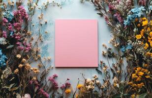 Artistic floral arrangement with blank pink square in creative setting photo
