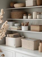 Stylish organization of decorative shelves with natural materials and home decor items in a modern space photo