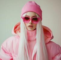 Fashionable model showcasing winter attire with vibrant pink colors in a studio setting photo