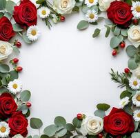 Floral arrangement with red roses and white flowers on a blank background for decoration photo