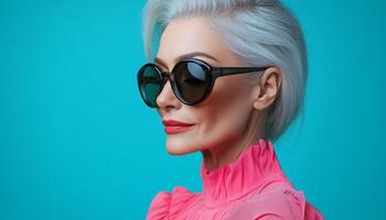 Stylish woman in oversized sunglasses posing against a vibrant turquoise background photo