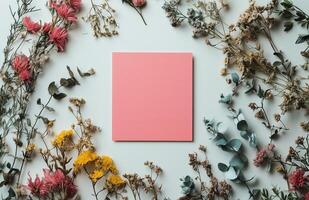 Floral arrangement featuring pink square surrounded by various dried flowers on a light background photo