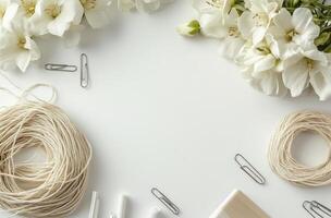 Creative workspace with white flowers, string, and stationery supplies for crafting projects photo