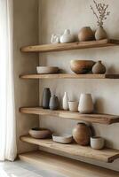 Shelves decorated with unique pottery and wooden bowls in a minimalist interior setting photo