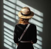 Woman in a straw hat stands against light and shadow patterns in a minimalist indoor space photo