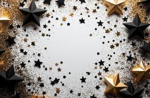 Decorative stars in black and gold create a festive backdrop for celebrations and events photo