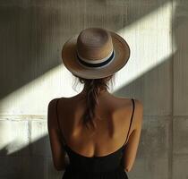 Woman in black dress and straw hat standing against a textured wall in warm light photo