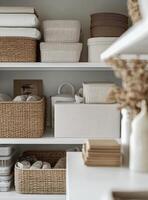 Organizing a modern storage shelf with woven baskets and neutral decor photo
