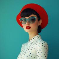 Stylish woman in retro outfit with red hat and sunglasses posing against a turquoise background photo