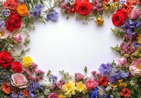 Floral arrangement with vibrant roses and wildflowers creating a colorful border on a blank surface photo