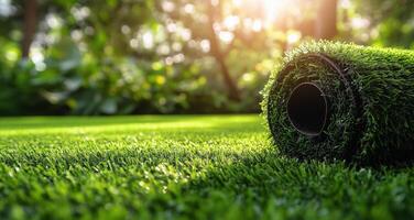 Freshly rolled artificial grass placed on lush green lawn in bright daylight photo