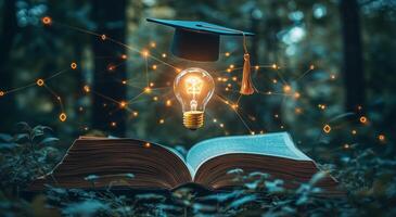 Graduation cap and light bulb above an open book in a forest setting at twilight photo