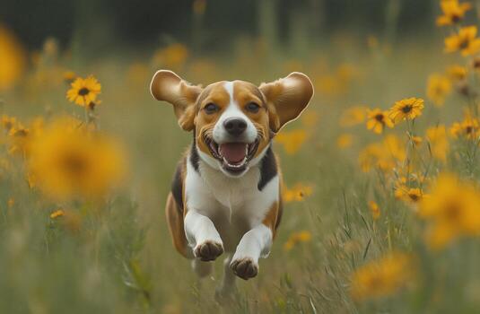 Happy beagle runs through a field of yellow flowers on a sunny day in early spring photo