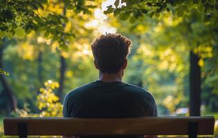 Individual reflecting in a park surrounded by lush greenery during golden hour photo