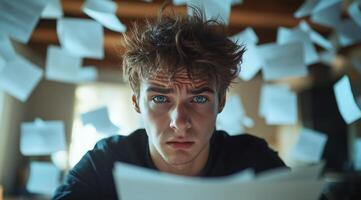 Young student focused on studies amidst flying papers in a cozy room during the evening photo