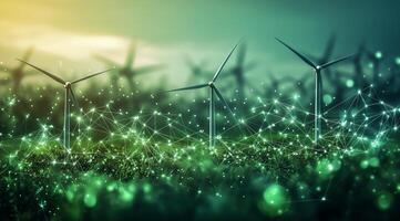 Modern wind turbines generating renewable energy in a green field with a digital network overlay photo