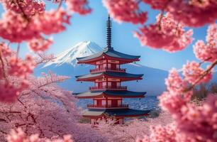 Majestic cherry blossoms frame a pagoda with Mount Fuji in the background during springtime photo