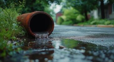 Rainwater flows from rusty pipe on a quiet street surrounded by greenery in the afternoon photo