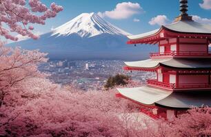 Cherry blossoms bloom around traditional temple with Mount Fuji in background during springtime photo