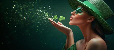 Woman in sparkly green attire blowing clovers with a magical background during a festive celebration photo