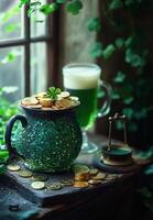 Celebrating Saint Patrick's Day with a pot of green coins and refreshing beverage photo