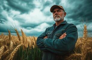 Farmer stands confidently in wheat field under dramatic cloudy sky at sunset photo