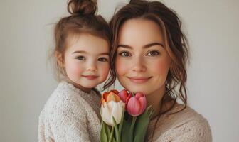 Mother and daughter share a tender moment with flowers in a cozy indoor setting photo