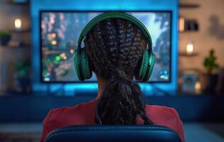 Engaging gamer experiences in a cozy gaming setup at home during evening hours photo