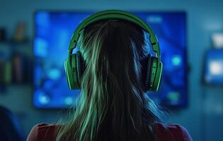 Engaging gaming session with neon headphones in a modern gaming room at night photo