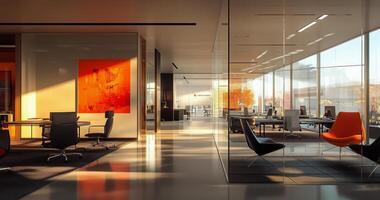 Bright modern office interior with spacious layout and large windows during afternoon light photo
