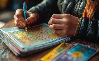 Person marking a bingo card while sitting at a rustic table in a cozy indoor location photo