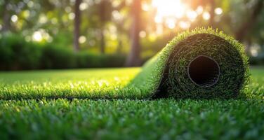 Freshly rolled artificial grass on a sunny day in a green park setting photo